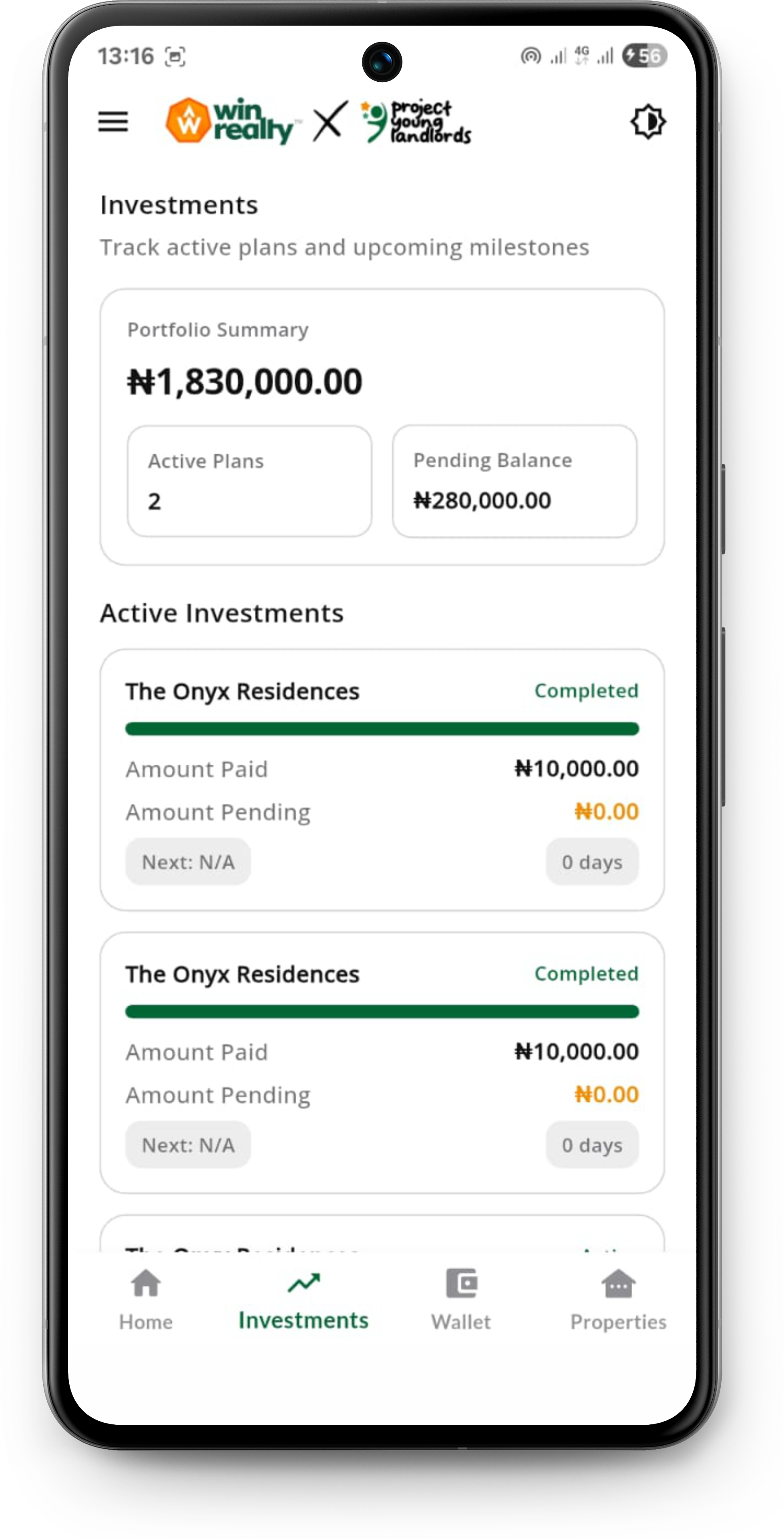 Investment overview screen